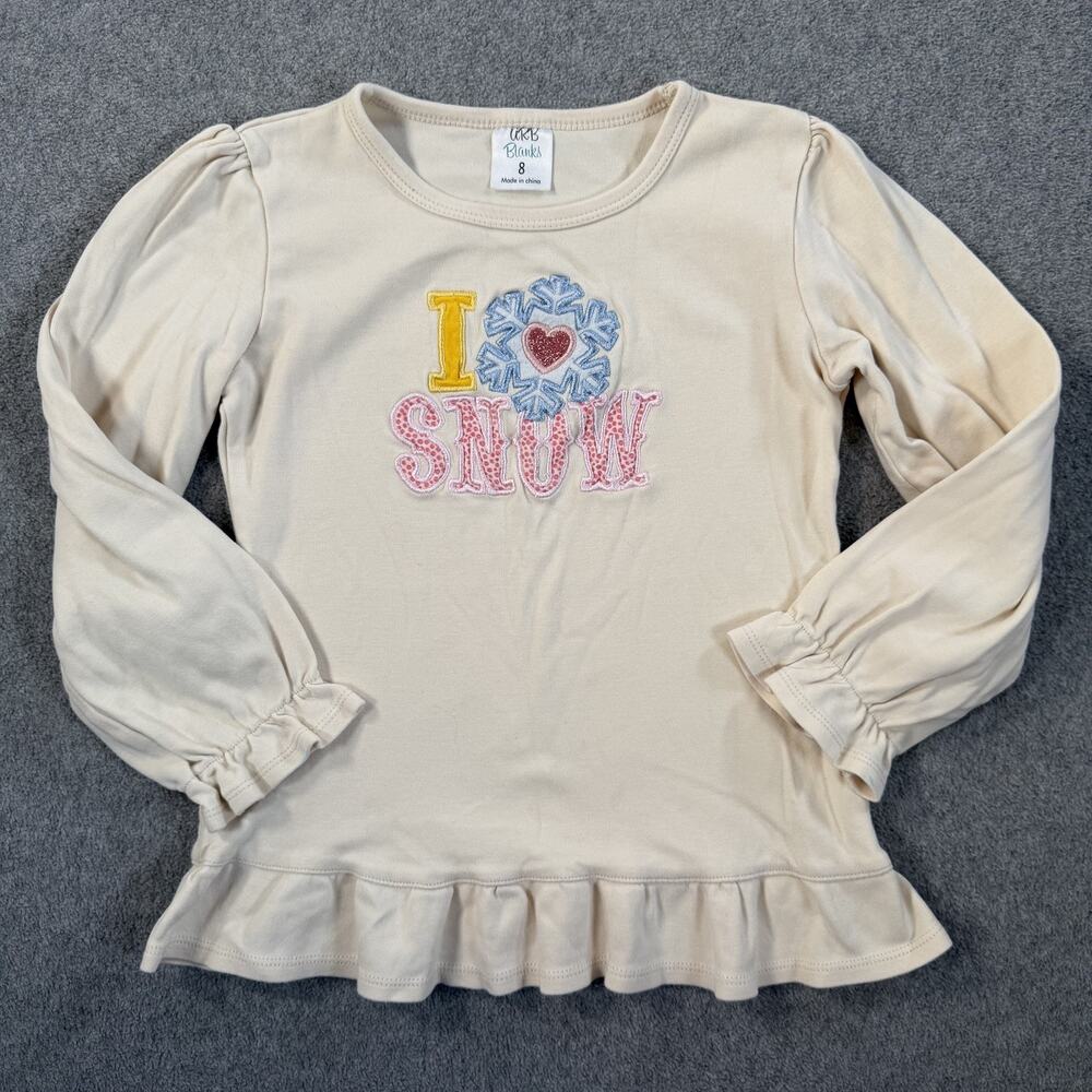 ARB Blanks Girls Size 8 I Love Snow Embroidered Long Sleeve Ruffle Hem Top Beige